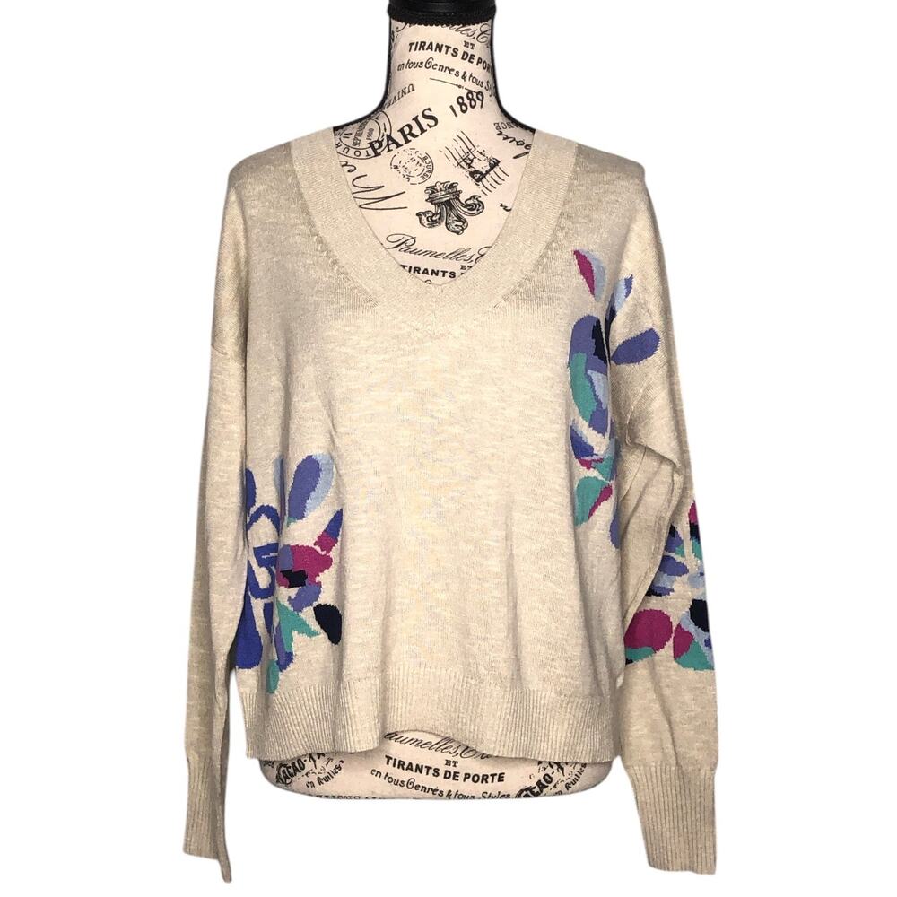 Nic + Zoe (XL) Blooming Intarsia Floral Ribbed Drop Shoulder V-Neck Sweater Top